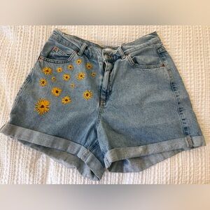 Topshop Blue Jean Shorts with Embellished Yellow Floral Embroidery